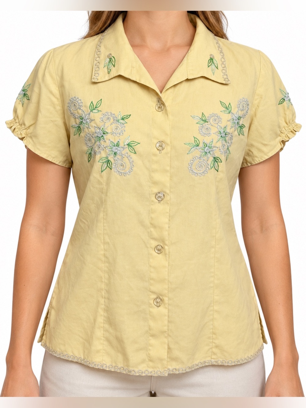Butter Yellow Floral Embroidered Button Front Puff Sleeve Blouse Large